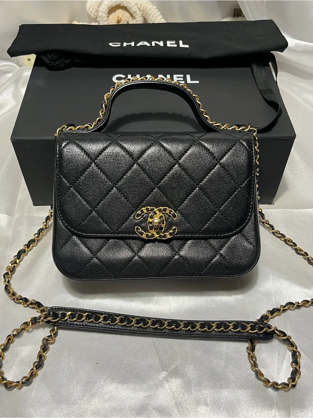 CHANEL Black Quilted Top-Handle Shoulder Bag with Gold Chain